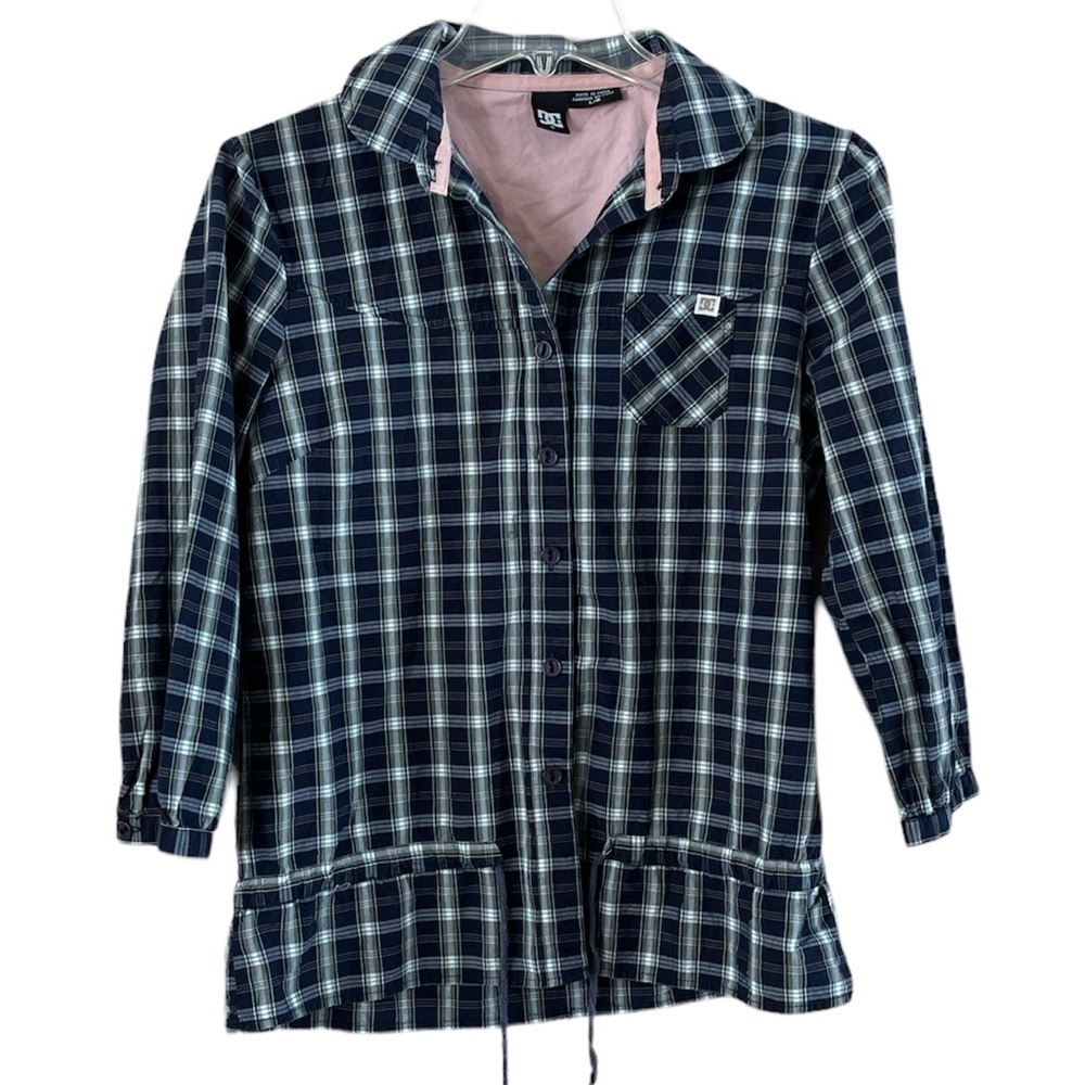 DC Women’s Plaid Shirt Cinch Tie At Bottom Size L Collar Button Down Pocket